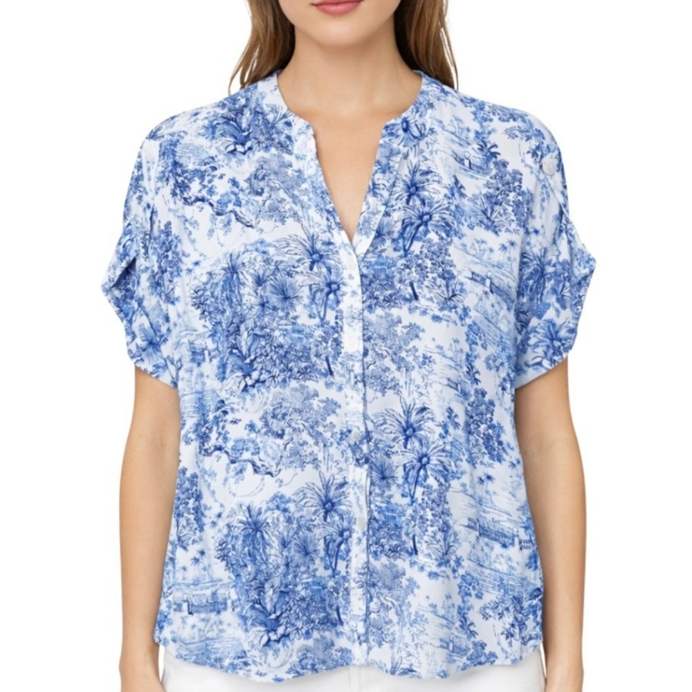 Cupcakes and Cashmere‎ Blue White Toile Palm Tree Blouse Top Medium 1266351